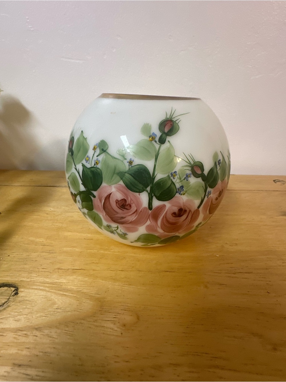 Vintage Hand-Painted Floral milk Glass Globe Vase - Pink Roses